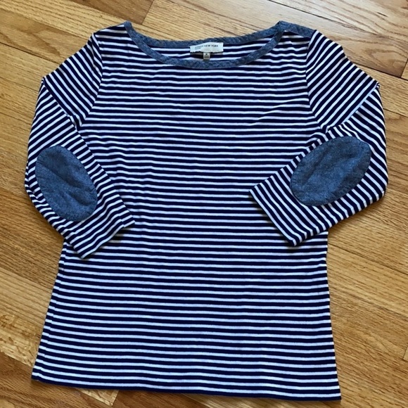 Jones NY navy white stripe 3/4 sleeve top denim chambray elbow patches boat neck - Picture 1 of 6